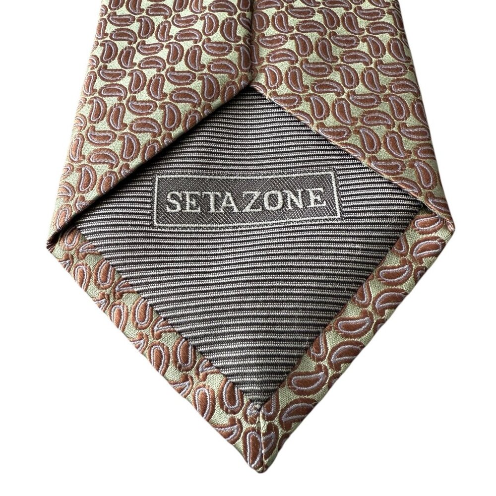 Handmade Setazone 100% Silk Tie  Brown Green Paisley Elegant Design Iridescent - Picture 6 of 14